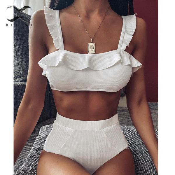

solid white bikini 2020 new ruffle push up swimsuit female high waist swimwear women summer beach bathers bathing suit new, White;black