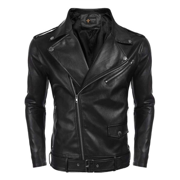 

men turn down collar pu leather full zip solid casual, cycling slim fit motorcycle jacket w/ pocket, jakcet belt, Black