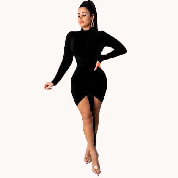 

slim open back drawstring long sleeved crew neck bodycon dresses womens fashion dresses women party dresses solid color autumn, White;black