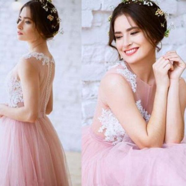 

country style blush pink wedding dresses illusion sheer neck sleeveless lace appliques tulle bridal gowns floor length, White