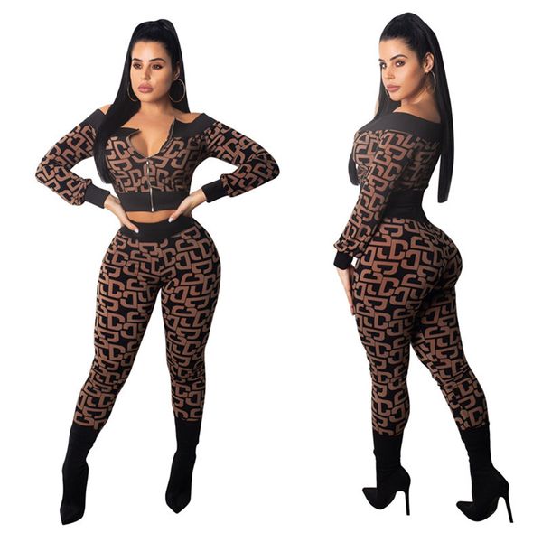 

дизайнерские женские брюки 2шт мода слэш шеи печатные костюмы женские тонкие длинные рукава 2шт наборы, White