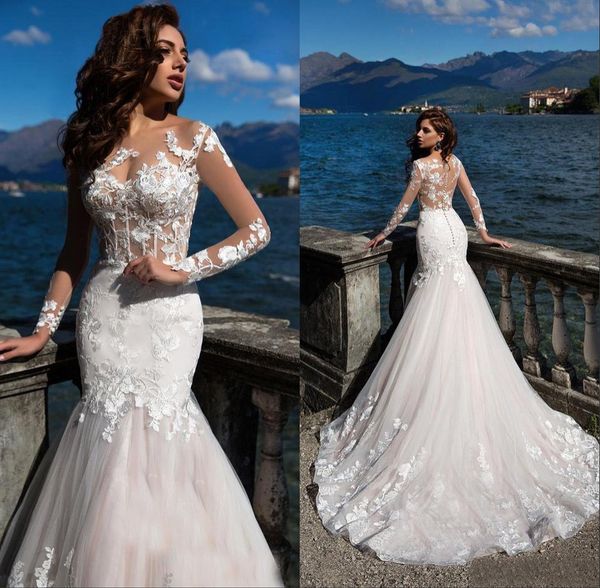 

2019 White Luxury Mermaid Wedding Dresses Trumpet Lace Tulle Applique Plus Size Bridal Gowns Sweep Train Long Sleeve Wedding Dress