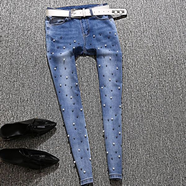 

denim women skinny jeans skinny beading pearl jeans woman 2019 with mid waist pencil jean for women, Blue