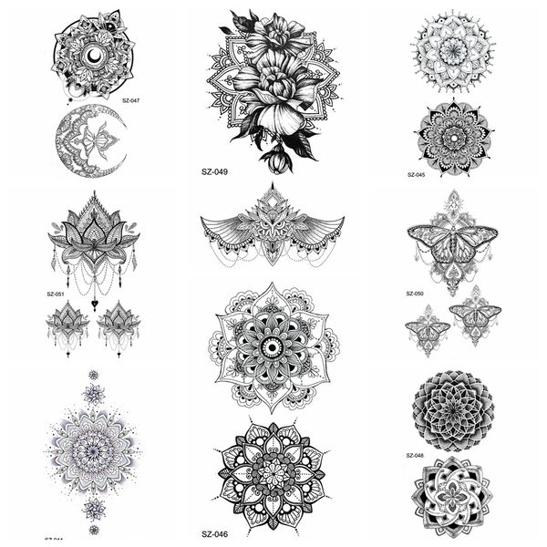 Acheter 25 Style Noir Henné Flora Temporaire Tatouage Autocollants Femmes Bras Pendentifs 3d étanche Oreille Tatouages Fleur De Mandala Faux