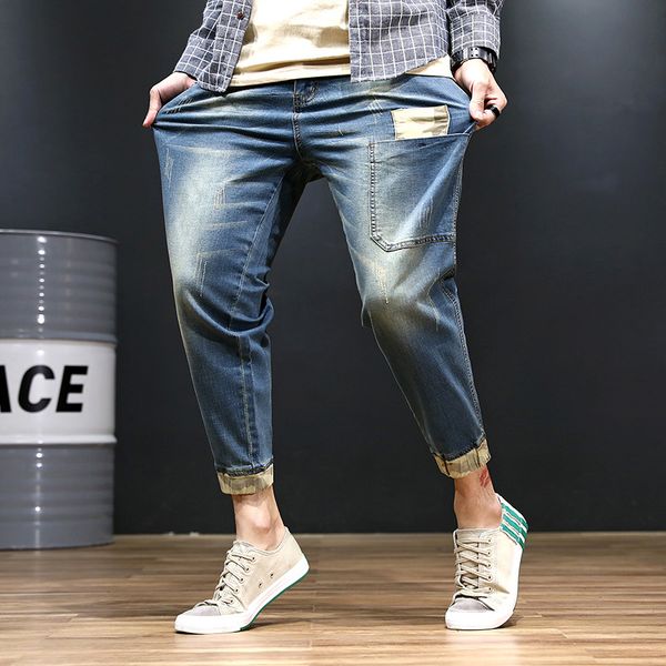

2019 summer new loose hole jeans men's trend stickers slim large size waist thin section denim nine pants men's tide jeans, Blue