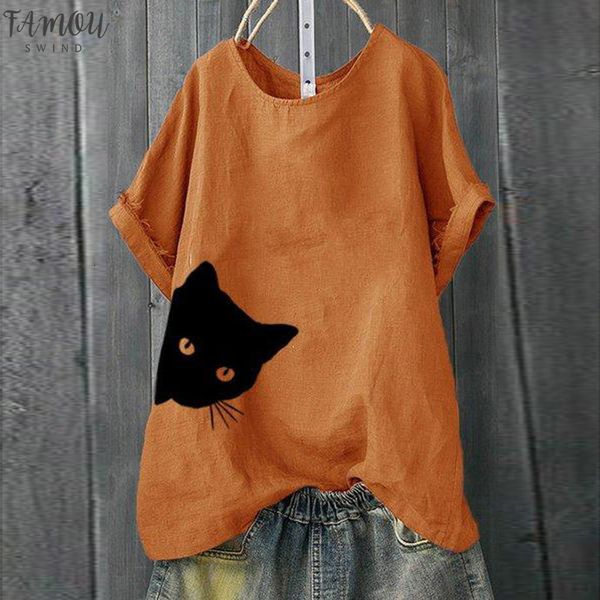 

casual tshirt women plus size solid cat print loose short sleeve shirt women tshirt short sleeve cotton summer p35, White