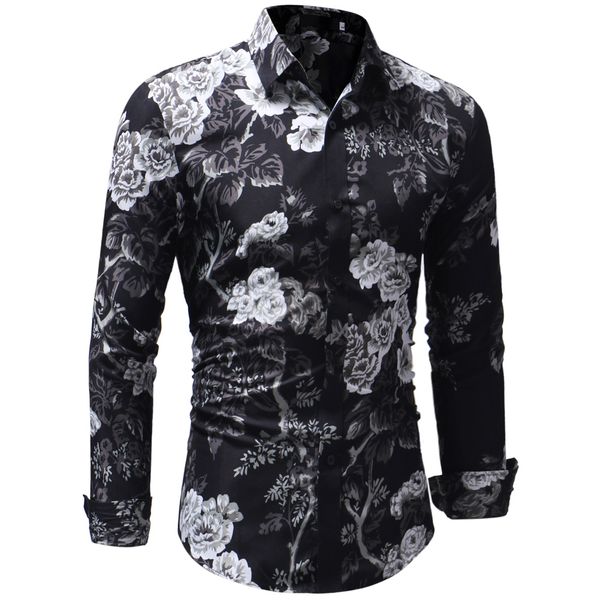

fashion mens long sleeve hawaiian shirt summer hc casual clothes floral shirts for men camisa masculina, White;black