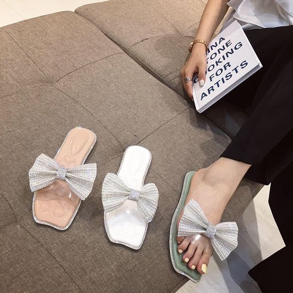 

flat shoes female ladies' slippers transparent heel glitter slides slipers women fashion butterfly-knot low jelly 2020, Black