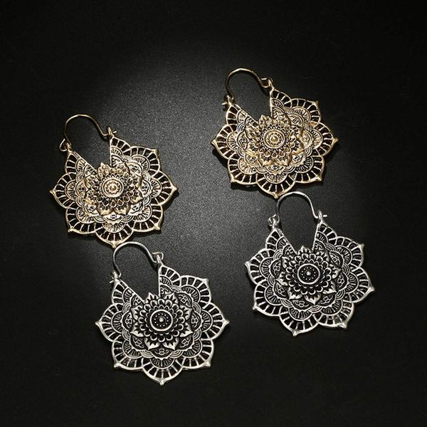 

antique silver gypsy indian tribal ethnic hoop dangle mandala boho earrings, Slivery;golden