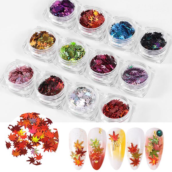 

12box/set nails maple leaf sequins holographic fall leaves flakes stickers laser nail glitters paillette manicure decorations, Silver;gold