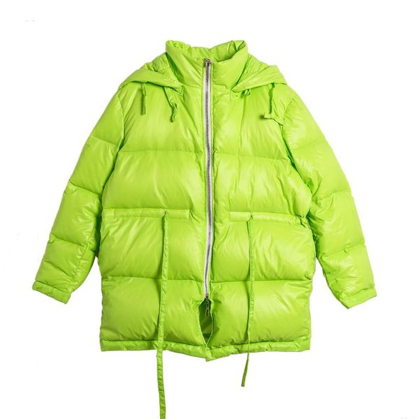 

new white duck down jacket women hooded collar zipper fashion long down coat fluorescent green thick warm parkas outerwear, Black