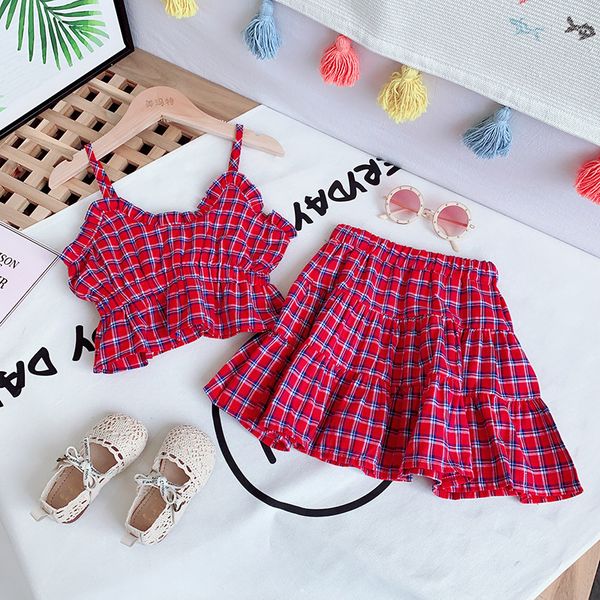 

clothing sets girls' summer clothes children's baby sling v-neck plaid + pleated skirt two-piece suit 2-6 years old, White