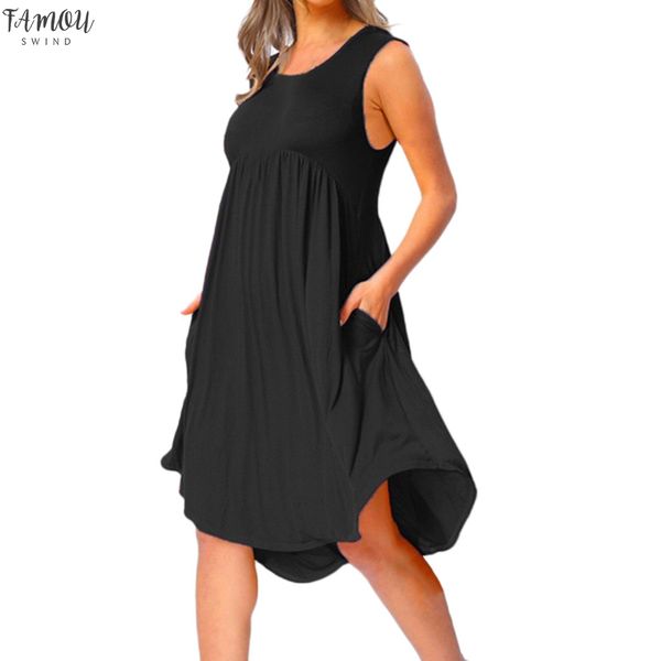 

plus size dress for women 2020 summer casual o neck draped sleeveless solid black white midi dresses pockets beach vestidos #v, Black;gray