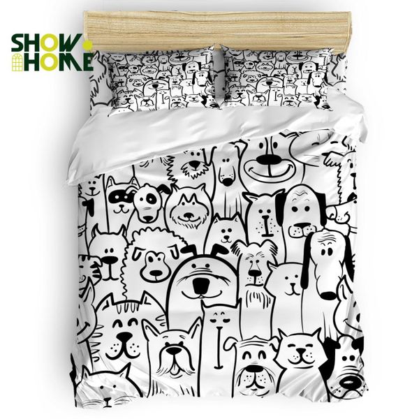 

showhome duvet cover set cartoon black and white dog cat pattern duvet cover 4 piece bedding set