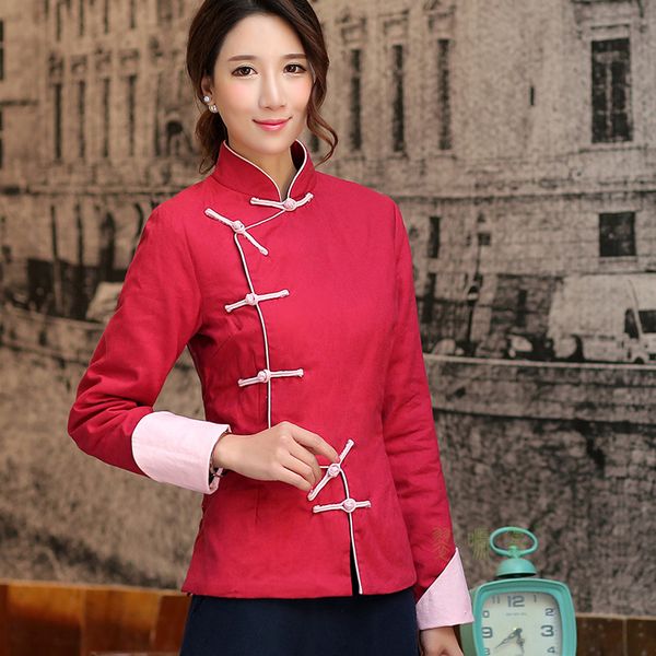 

casual women long sleeve cotton jacket 2019 new female mandarin collar tang clothing chinese style solid handmade button coat, Black;brown