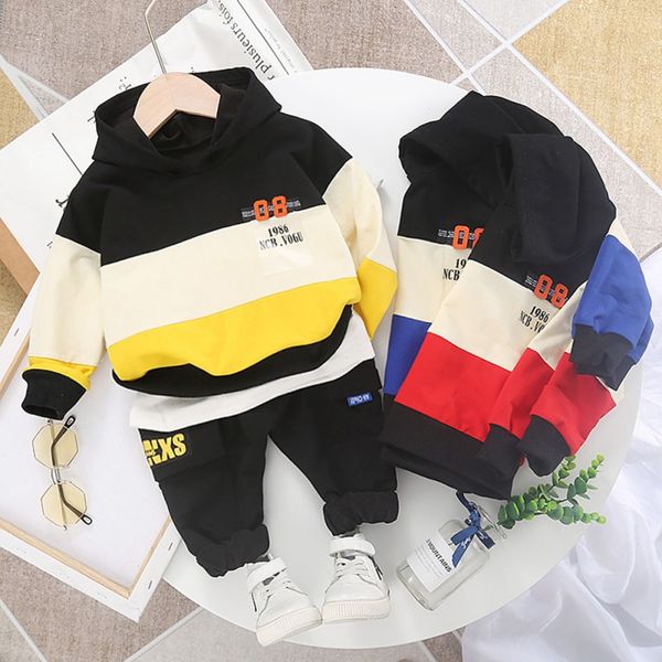 

baby color matching sports suit boy hooded long sleeve sweater casual trousers two-piece children clothing, White
