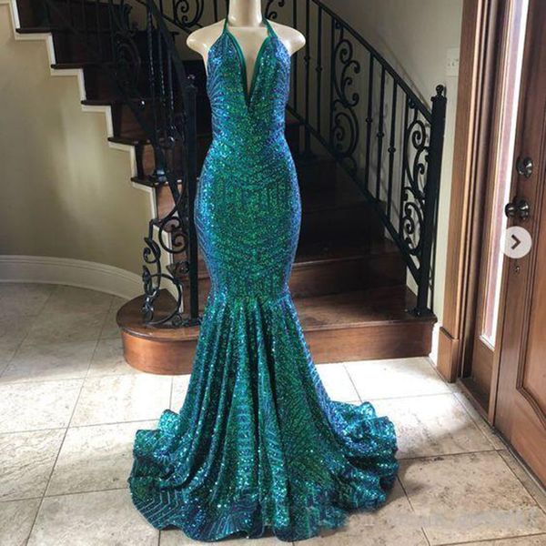 

Simple Sequined Long Mermaid Prom Dresses New Sleeveless Halter Floor Length Sparkly Formal Evening Dress Party Gowns Graduation Dresses