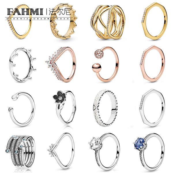 

fahmi 100% 925 sterling silver shine multifaceted ring blue sparkling crown ring ladies jewelry ing, Slivery;golden