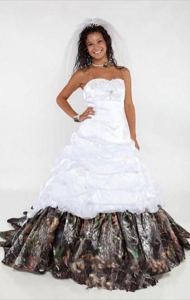 

camo ball gown wedding dresses strapless appliques satin corset lace up back camouflage bridal wedding gowns forest sweep train 61, White