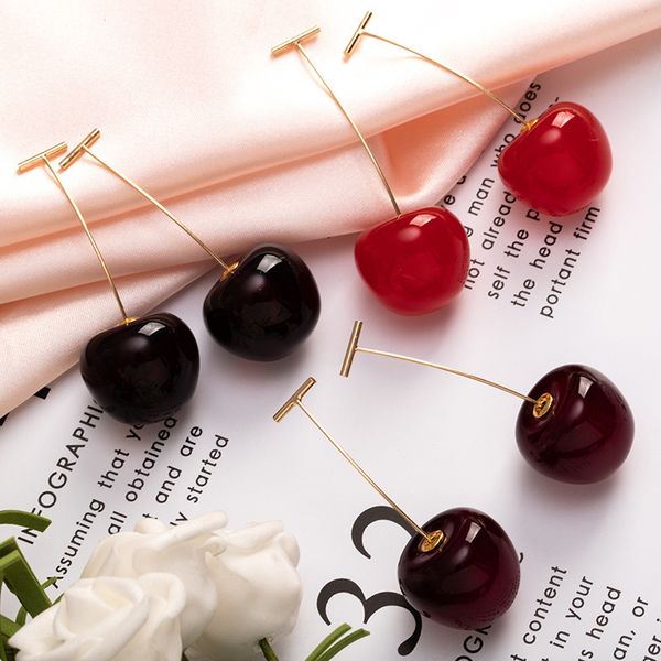 

1pair cute simulation red cherry sweet resin drop earring red color for women girl student fruit xmas gift, Silver