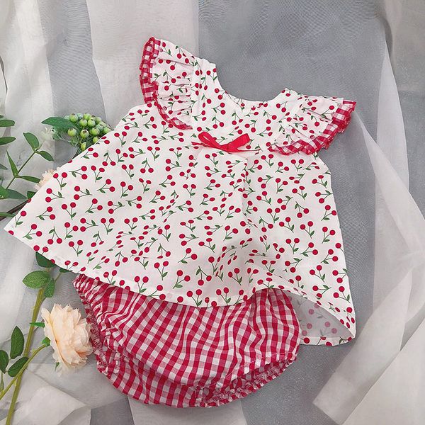 

Baby Girls Clothing Kids Summer Short Sleeve little Cherry design shirt + plaid short clothing sets summer princess clothing sets