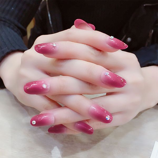 

girls sweet gouache gradient color fake nail ladies shining rhinestone false nails wearable detachable nail beauty tools, Red;gold