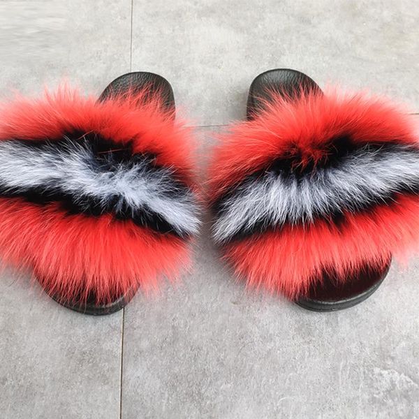 

slippers arrival shoes women real raccoon fur slides summer flip flops lady sandals fluffy sliders, Black