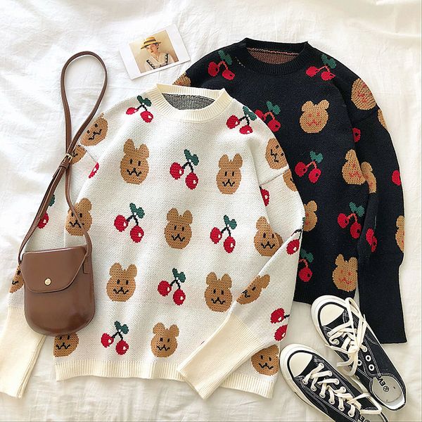

japanese winter girls cherry animal jacquard sweater slim comfortable wild round collar long sleeve pullover preppy style, White;black