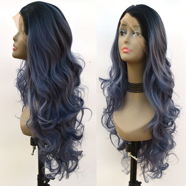 Dark Roots Ombre Blue Grey Body Wave Synthetic Lace Front Wig