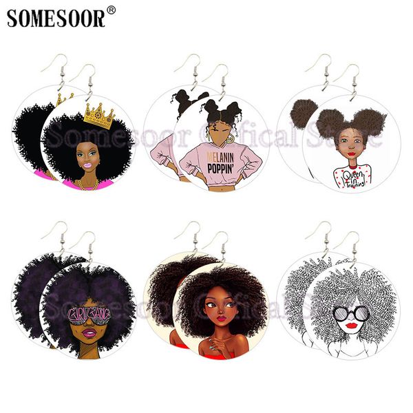 

somesoor melanin poppin black girl gang wooden drop earrings afro queen cruly hair design printed wood dangle for women gifts, Silver