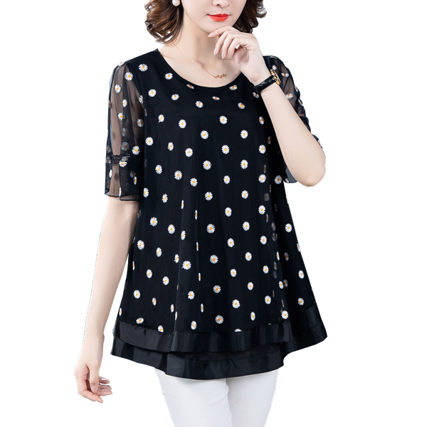 

2020 korean fashion chiffon embroidery loose office ladies short-sleeve elegant blouse female blusas 5xl fake two pieces clothes, White