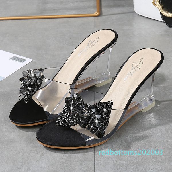 

yeeloca 2019 new high heel women's wild summer women's shoes word buckle simple wedge sandals transparent bow-knot slippers r03, Black