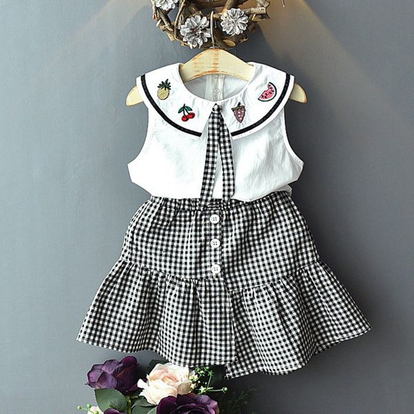 

2pcs cute summer kid clothes for girls sleeveless cotton fruit pattern t-shirt blouse plaid skirts casual outfits set #25a, White