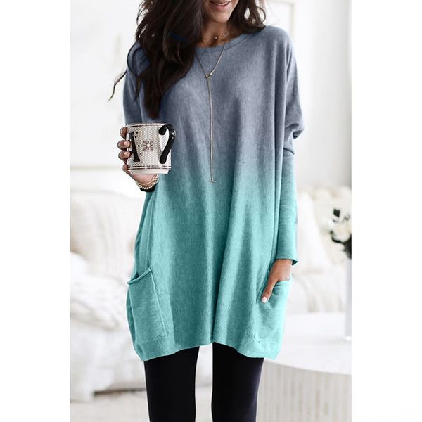 

gradient t-shirt women's winter round collar long sleeve midi loose sweater t-shirt sweater 252928, White