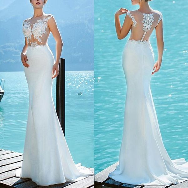 

delicate jewel neck see through mermaid wedding dress robe de mariÃ©e sleeveless long beach bridal gown with beaded lace appliques, White