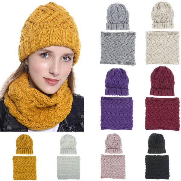 

female winter ribbed knitted cuffed short melon cap women two pieces pure color knitted cap keep warm neckerchief winter hat, Blue;gray