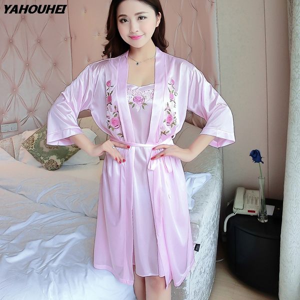 

silk lingerie dress robes set for women 2020 summer two piece nightgowns night gowns sleep sleepwear kimono bathrobe female, Black;red