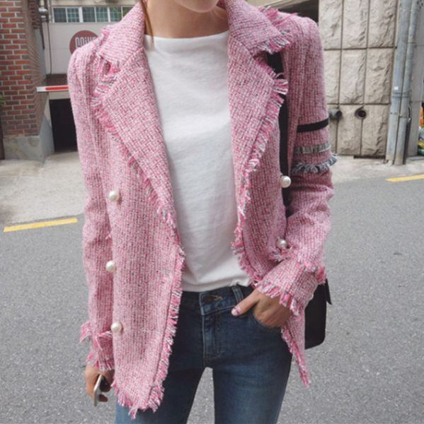 

длинные рукава тонкая шерсть двойной брестед жемчуг розовый твид blazer отворотом твид пальто женщины ветровка тонкий корейский офис luxury, Black