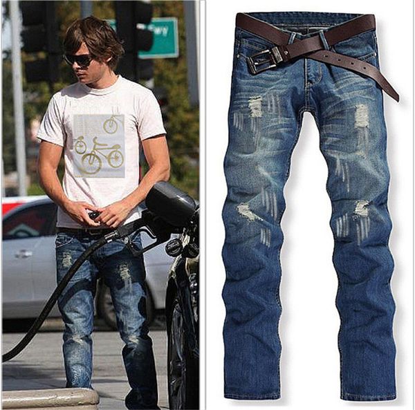 

mens jeans slim stretch pleated washed hole biker scratched blue grinded mid waist denim stitching long trousers