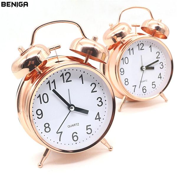 

4 inch rose gold alarm desk clock with night light battery operated student deskhome office needle mute silently table clock269d