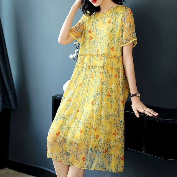 

new elegant yellow vestidos fashion layers ruffles chiffon dress summer style short sleeve women floral faux silk dresses, Black;gray
