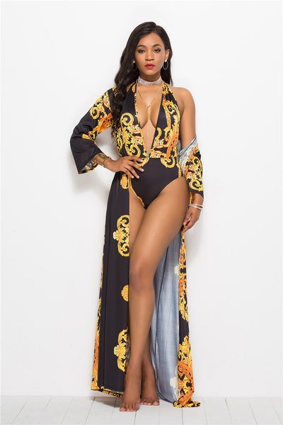 

women cloak 2pcs bikinis summer floral print deep v neck halter backless swimwear fashion womens bathing suits, White;black