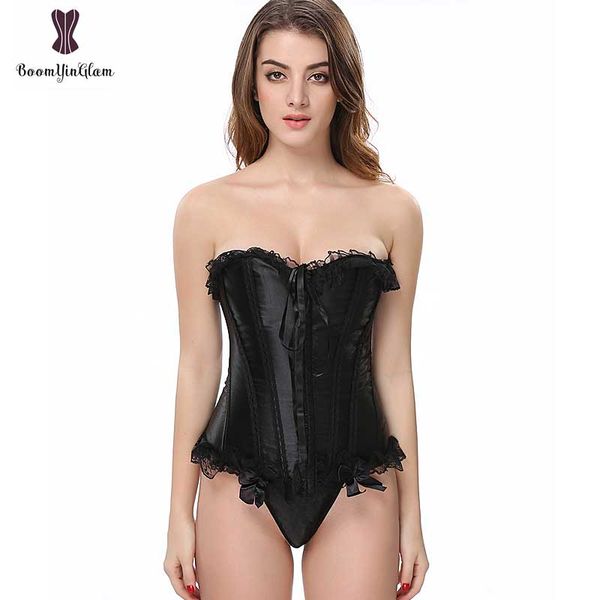 

satin black corset overbust fish boned korset fish boned gothic gorset plus size 6xl laciness hooks and eyes closure korsett hot, Black;white