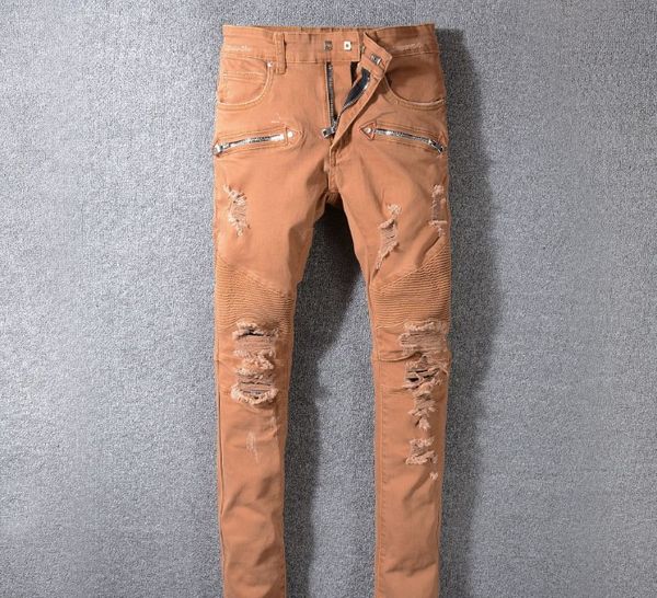 

мужские дизайнерские джинсы модный бренд молния дизайн отверстие промыто рваные отбеленные проблемные тонкий карандаш брюки мотоцикл брюки, Blue