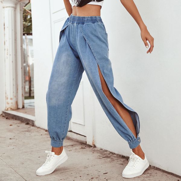 

women's jeans denim pants women loose split legs solid elastic waist pockets beam feet autumn trousers female, Blue