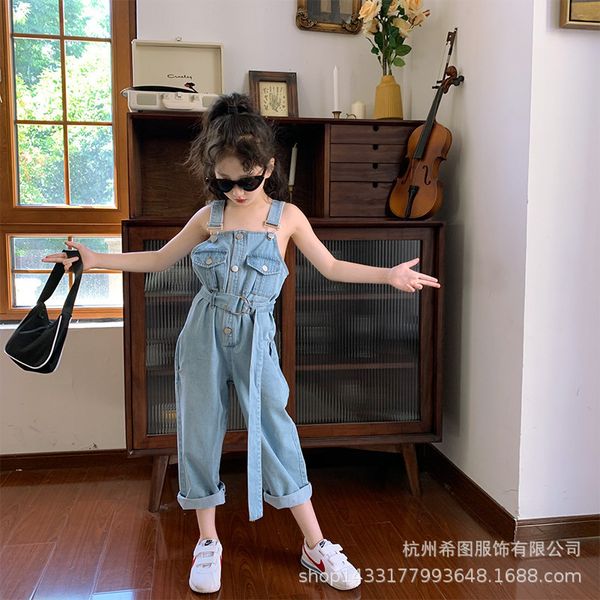 

2020 summer new girl pants denim jumpsuit loose waist suspenders jeans, Blue