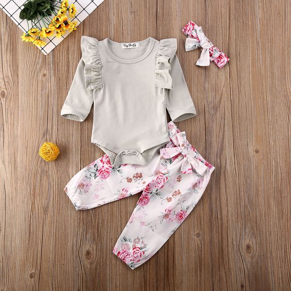 

pudcoco newborn baby girl clothes solid color ruffle long sleeve romper flower print long pants headband 3pcs outfits set, Pink;blue
