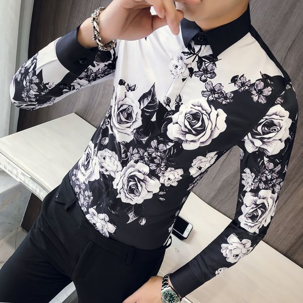 

rose shirt men designer shirt patterns ropa de hombre 2018 button up men long sleeve slim fit wedding club party, White;black