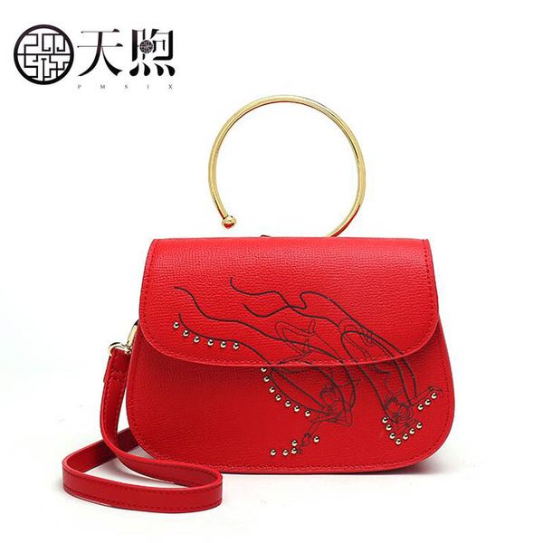 

pmsix messenger bag female 2020 new leather bag red ethnic style ring handbag small shoulder chinese style women tote