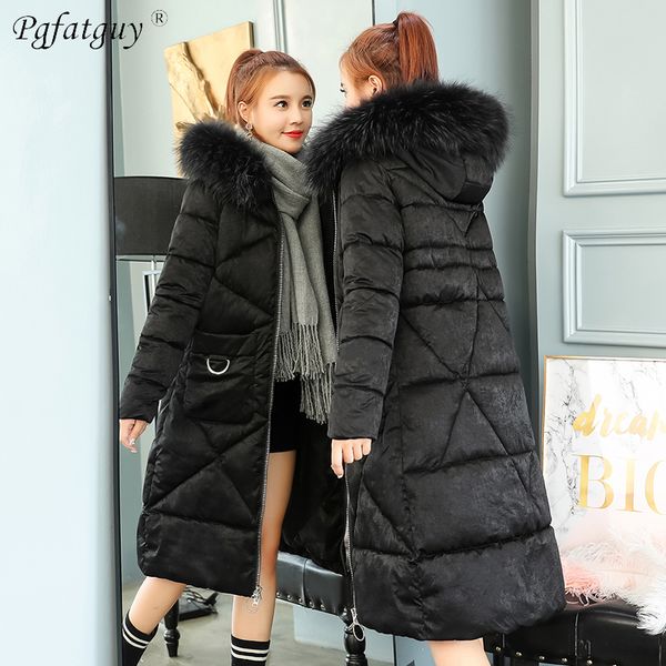 

женская мода 2018 velvet вниз parka real big fur winter parka большого код куртки длинного сыпучий воротник женщина большой карман пальто че, Black